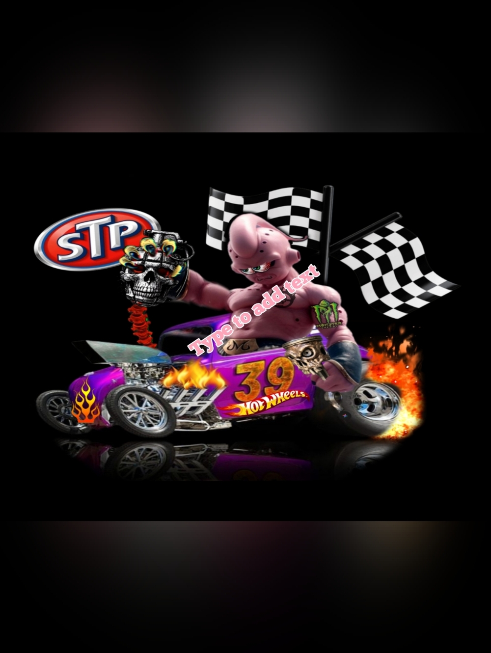 STP Graphic Metal sign Design Featuring Majin Buu Racer and Checkered Flags